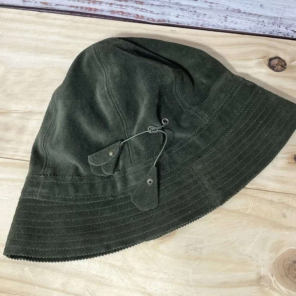 J. Crew Women's M/L 100% Leather Suede Bucket Hat Designer Classic Green Tassel
